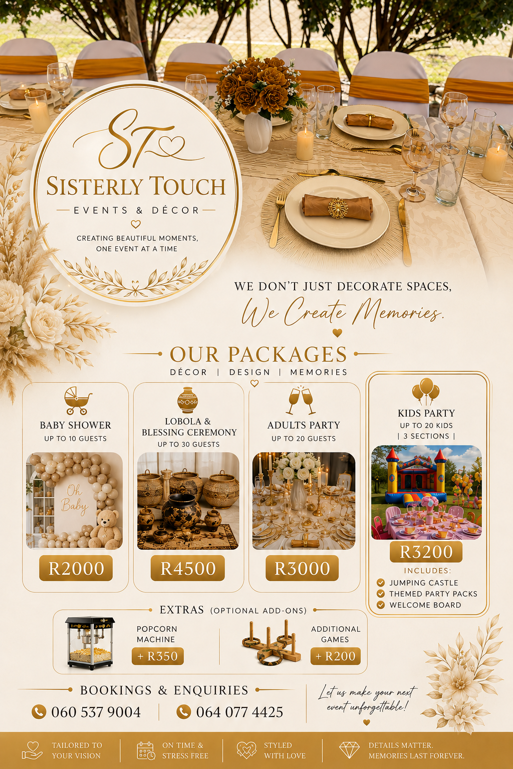 Sisterly Touch poster showing packages and extras.